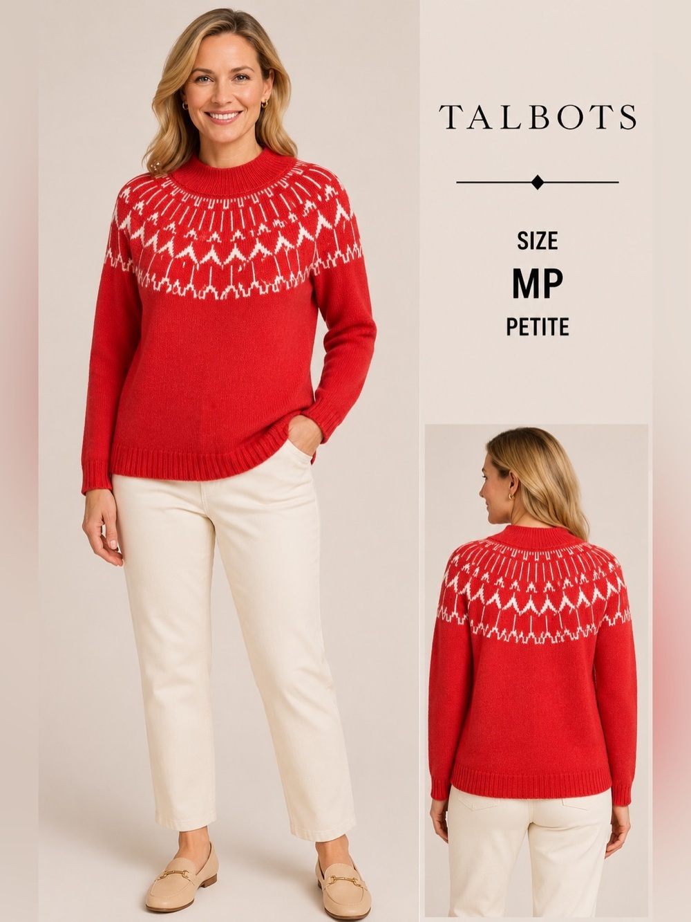 Talbots Fair Isle Mock Neck Sweater Women’s MP Petite Red White Cozy Knit
